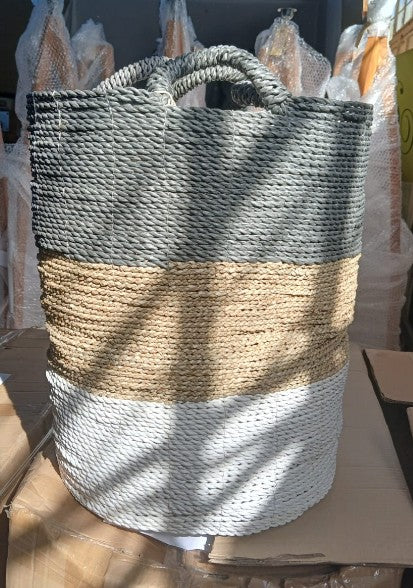 UB079-C - BASKET NATURAL WHITE AND GREY STRIPES (L)
